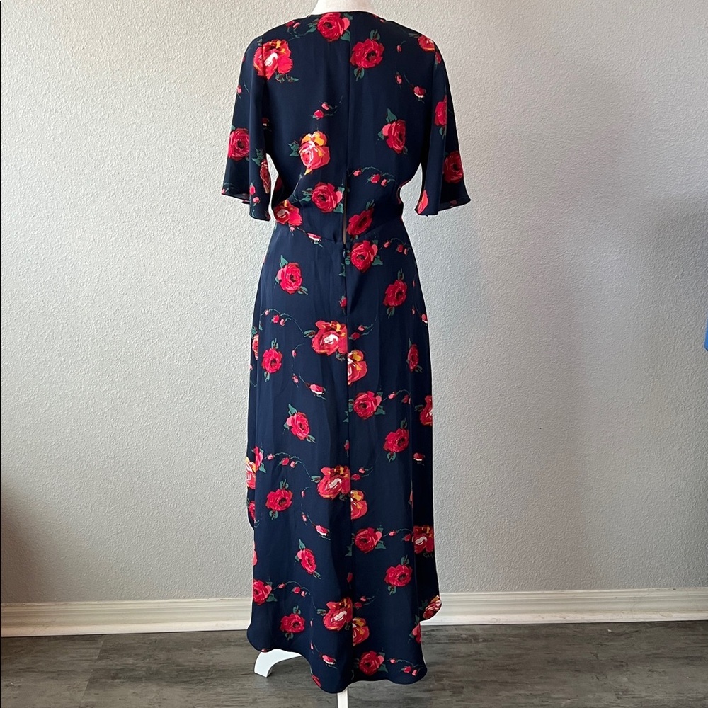 Aritzia Babaton High Low Faux Wrap Flutter Sleeve Dress Blue Floral Size 2 - Picture 4 of 11